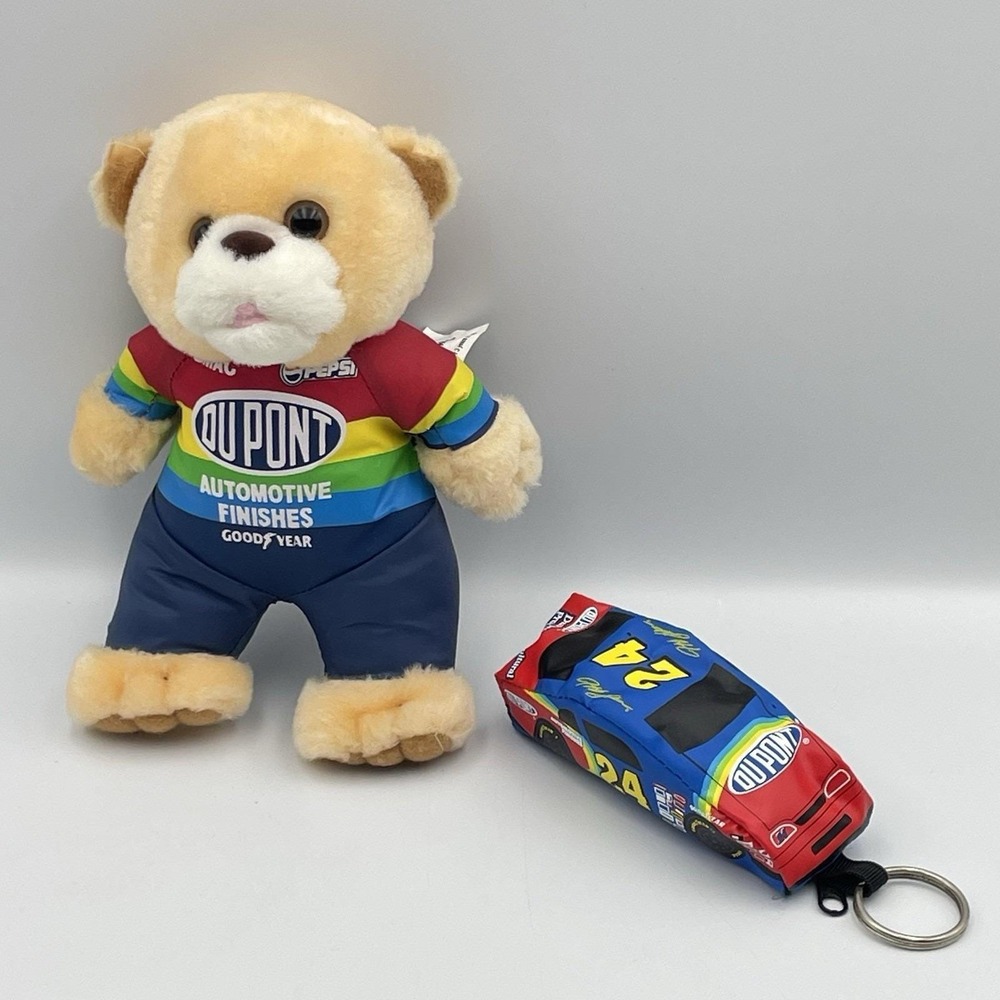 Jeff Gordon 8" Plush Bear & #24 NASCAR Car Keychain DuPont Rainbow Set